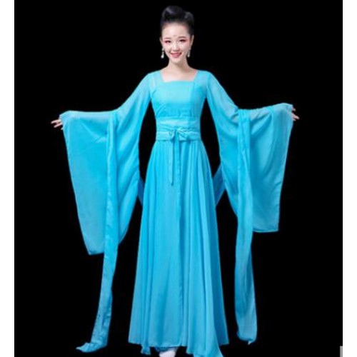 Women's chinese folk dance costumes turquoise colored hanfu fairy princess drama cosplay dress
